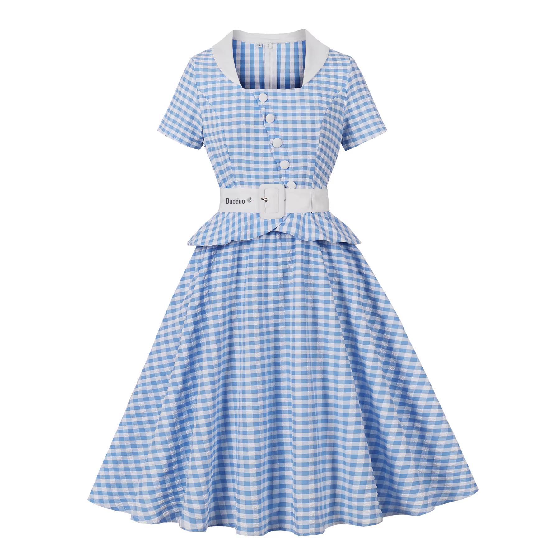 Women s Retro Blue & White Plaid Ruffle Dress with Short Sleeves XL синий
