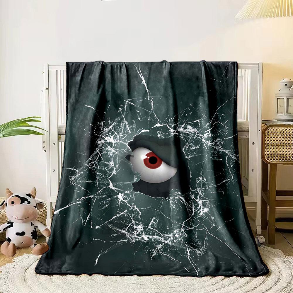 A red eye peers through shattered glass with chaotic crack patterns. for all seasons blanket lunch break throw gift