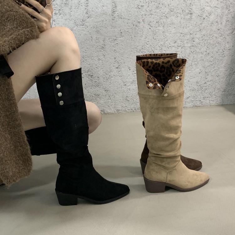 Multi-wear 2025 autumn and winter new metal buckle leopard print pointed head thick heel middle heel western cowboy boots medium boots long boots