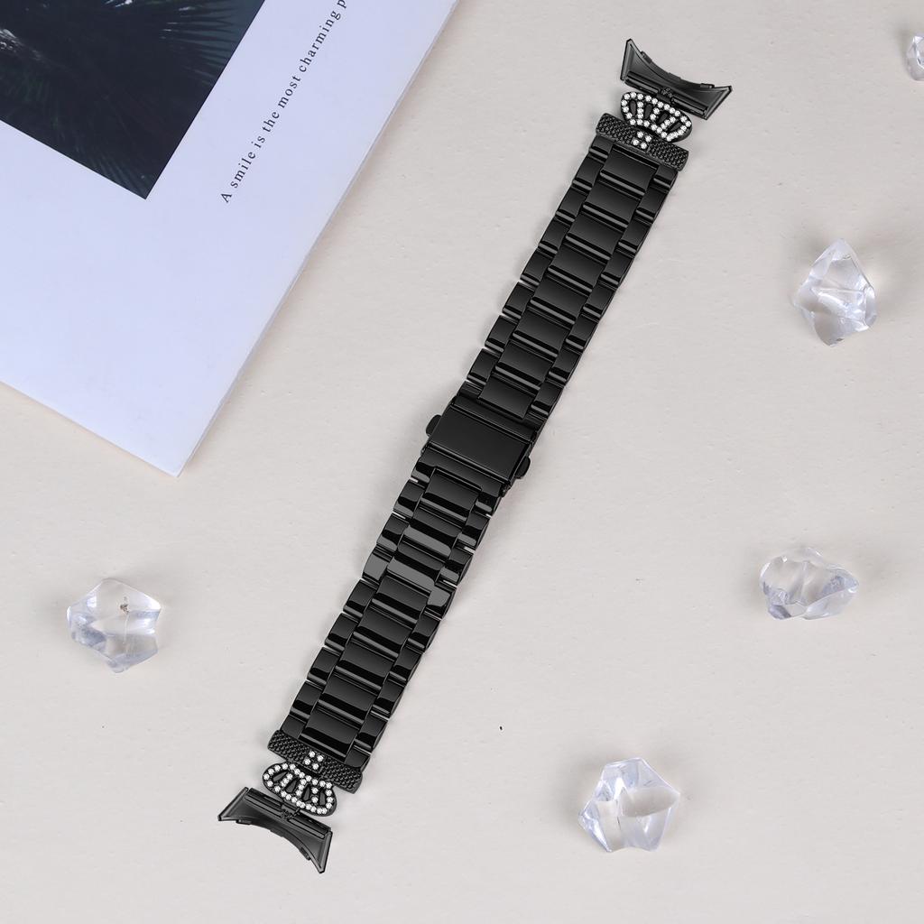For Google Pixel Watch 2/Watch Stainless Steel Strap Crown Shape Rhinestone Decor Watch Band