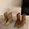 2025 Korean version of the new niche design retro French short boots small square head western boots suede medium boots women's boots