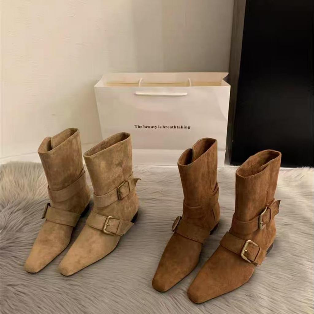 2025 Korean version of the new niche design retro French short boots small square head western boots suede medium boots women's boots