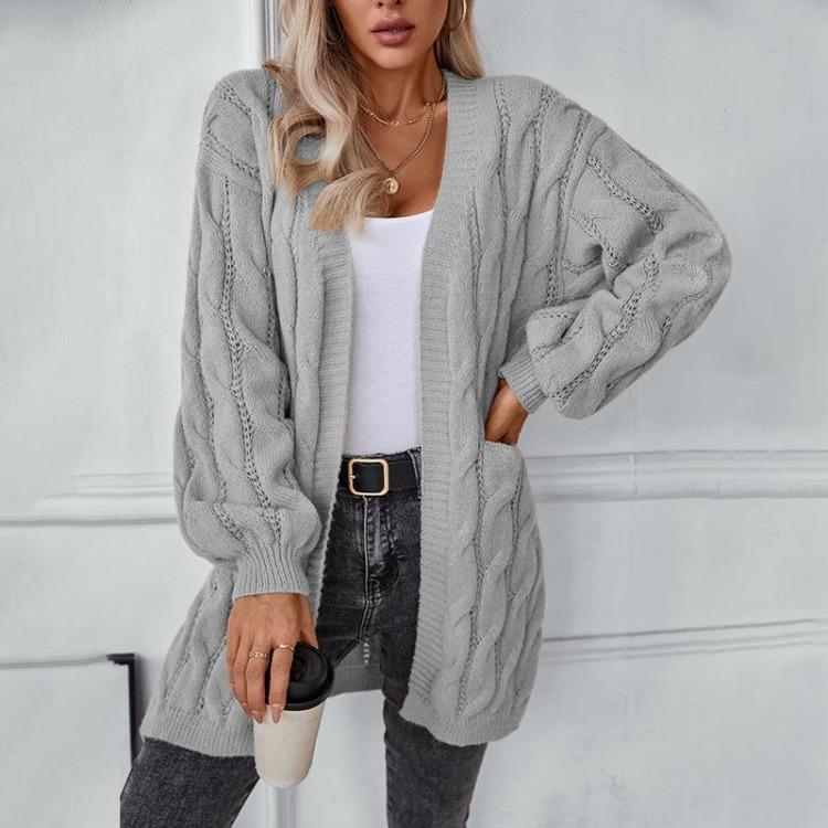 Cardigan Maglione a Maniche Lunghe Vintage Monocolore a Maglia Scollo a V Autunno Inverno Largo