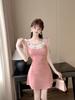 Summer new pink dress women's lace splicing bow waist skirt short skirt