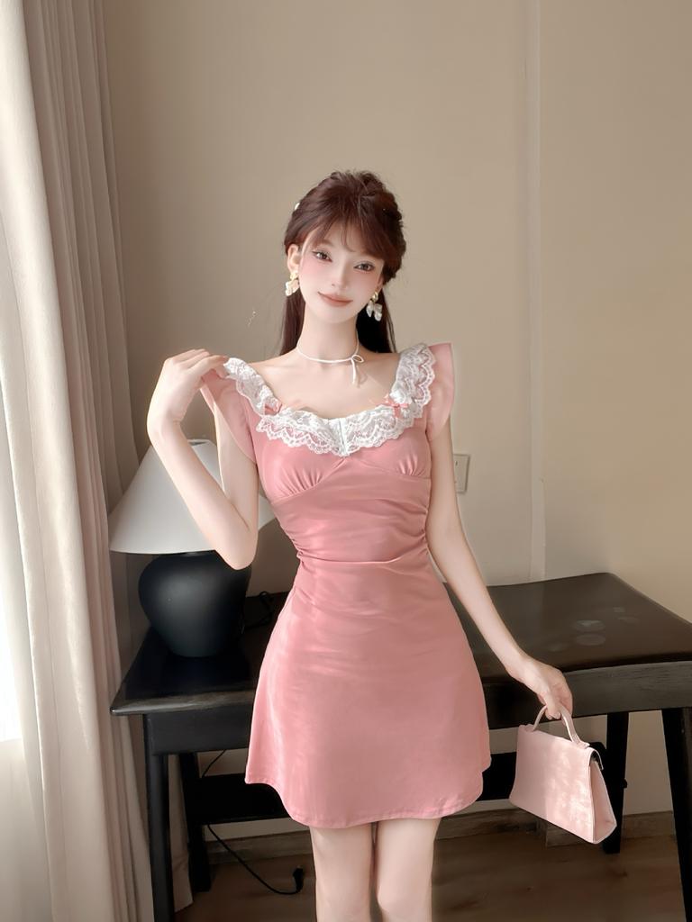 Summer new pink dress women's lace splicing bow waist skirt short skirt