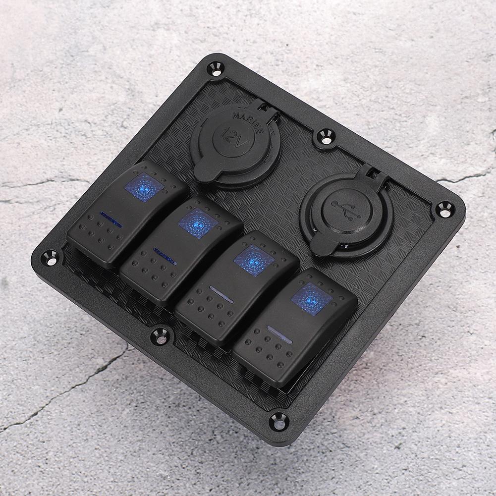 12V 24V 4 Gang Rocker Switch Panel IP65 Waterproof with Lighter Socket 2 USB for Car Boat