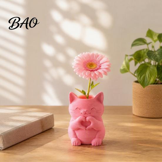 Cute Bedroom Nightstand Decor 3D Printed Cat Vase, Smiling with Heart?Hand Gesture Flower Holder, Multi Purpose Desk Accessories Animal Shaped