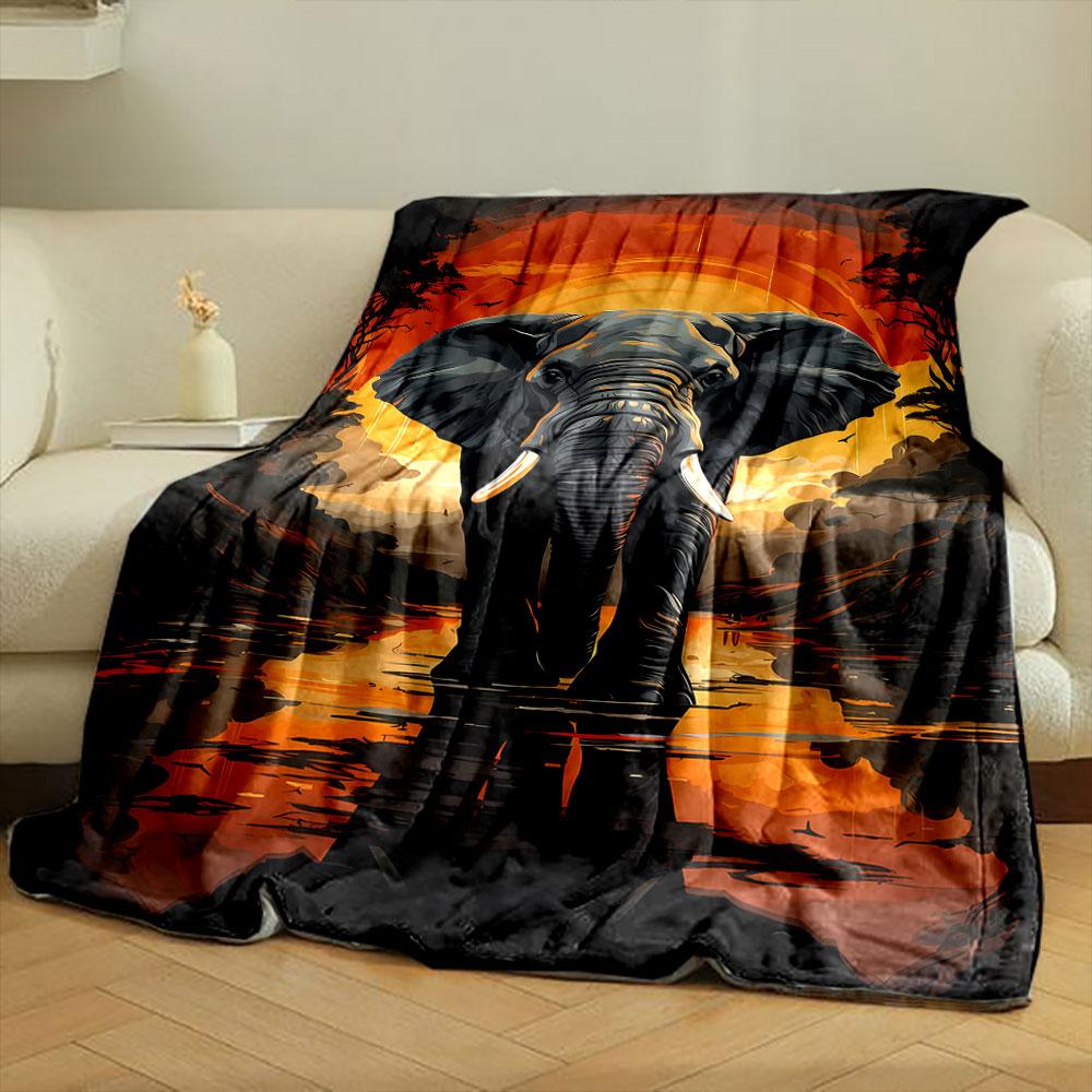 African Elephant Sunset Blanket Bedroom Blanket for Livingroom Couch Lunch Break Soft Throw for Friend's Festival Gift