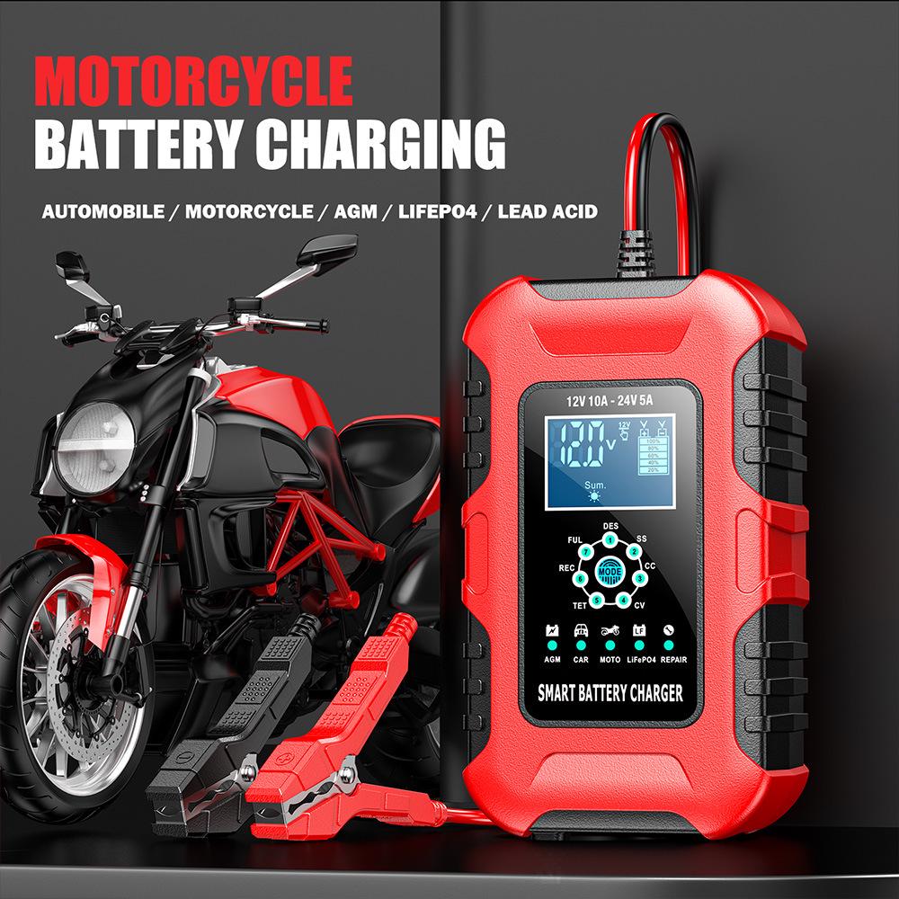 12V/24V 10A Multifunction Smart Charger for Motorcycle, Car & Van Repair
