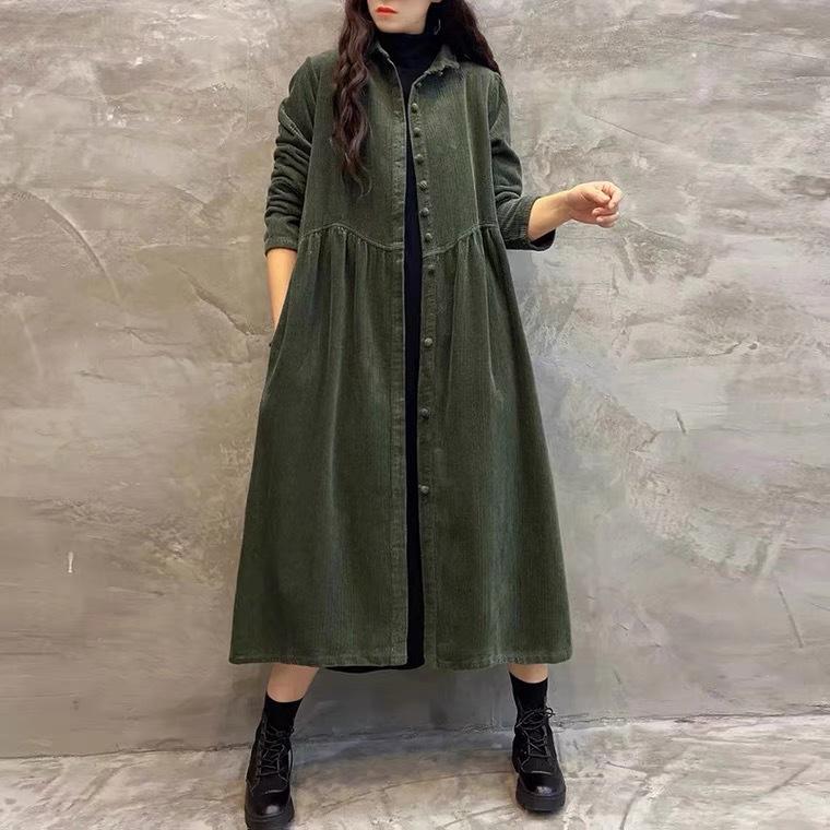 Women Fleece Lined Corduroy Trench Coat Vintage Loose Mid‑Long Long Sleeve Windbreaker Jacket For Autumn Winter