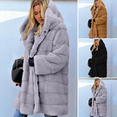 Damen Winterjacke Übergröße Kunstpelz Lockere Oberbekleidung mit Kapuze Mittellanger mehrlagiger Thermo-Plüschmantel für die tägliche Arbeit im Freien