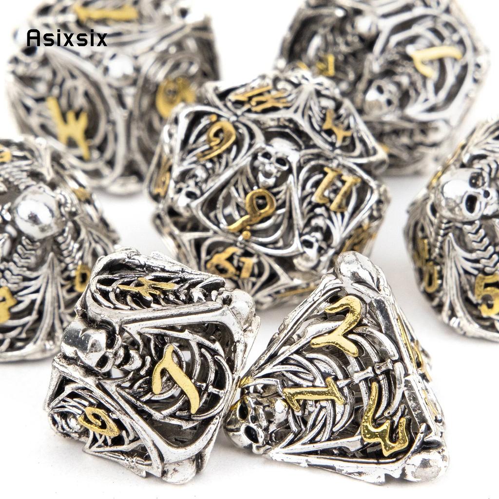 7 Pcs Silver Golden Skull Metal Dice Hollow Metal Polyhedral Dice Set Suitable for Role-Playing RPG  Board Game Card Game