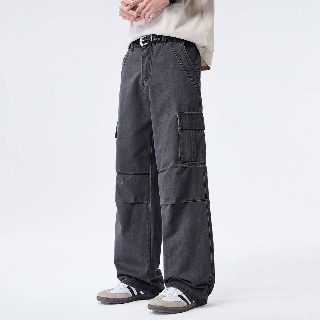 American high street tide brand washing tooling casual pants men's trend fashion loose straight splicing multi-pocket trousers