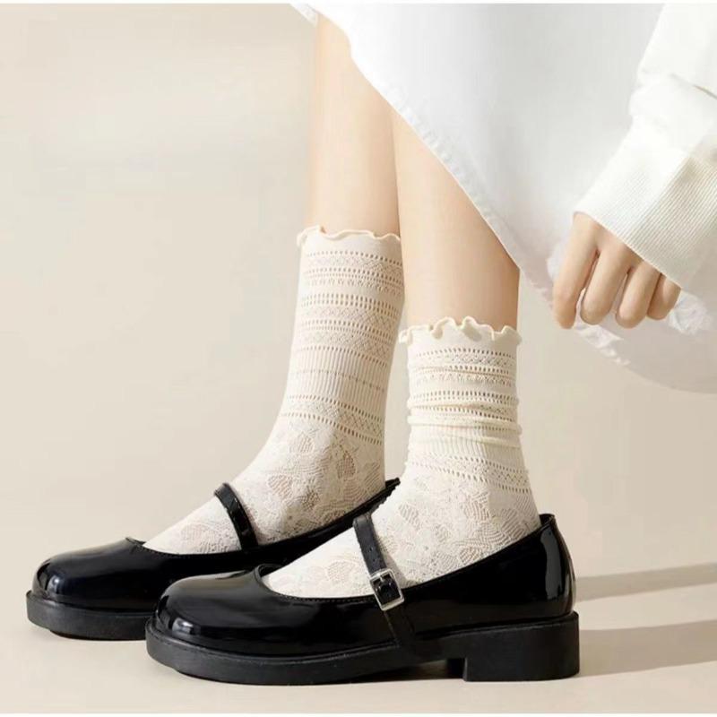 Women's Spring and Summer Mid-calf Socks, White Lace Cutout Pile Socks, Thin Lace Socks with Black Ear Edges