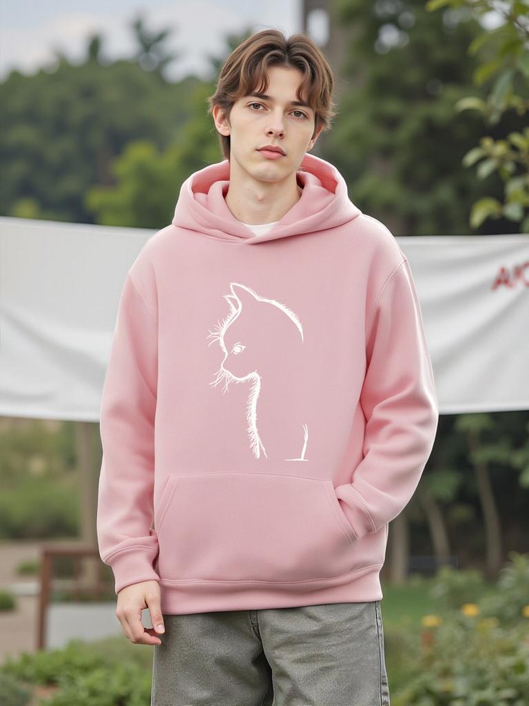 Shadow Cat Printing Men Hoody Comfortable Fleece Sweatshirts Autumn High Street Pullovers Casual Comfy Clothes Soft Warm Tops