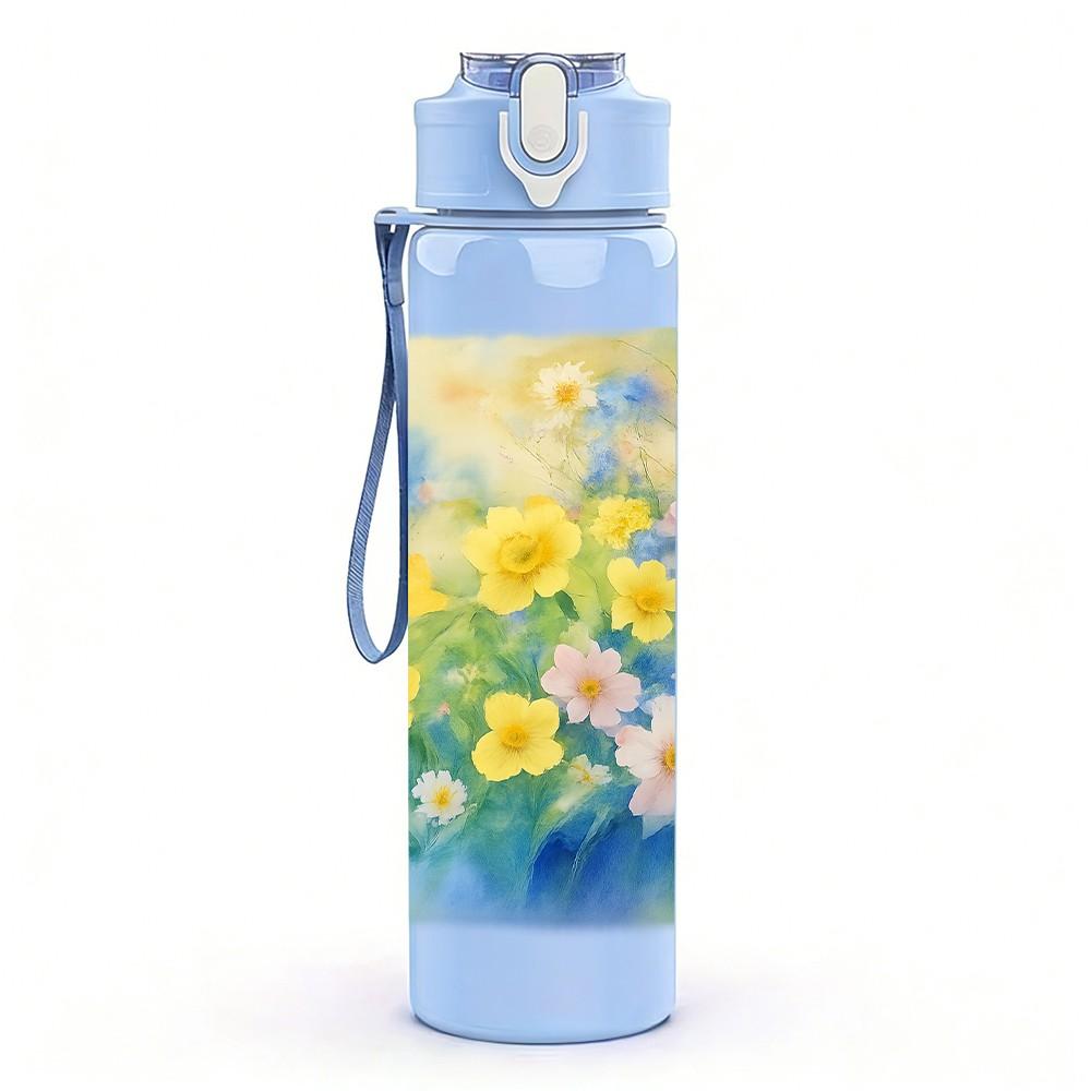 1PC Soft Pastel Blue Yellow Flower Print 750ml Color Plastic Sports Water Bottle Leakproof Flip Straw Lid Suitable for Sports Office Home Use