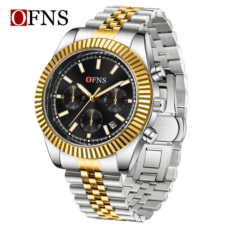 Oufannishi Men's Multifunction Chronograph Quartz Watch with Calendar and Stainless Steel Band, Waterproof Design