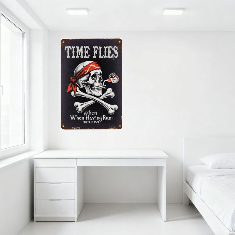 Vintage Metal Tin Sign 'TIME FLIES' Skull & Crossbones Rum Bar Decor Aged Distressed Pirate-Themed Wall Plaque for Man Cave Cafe