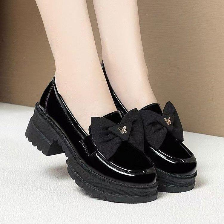 New Patent Leather Bow Single Shoes Thick Heel Platform British Style Black Small Leather Shoes