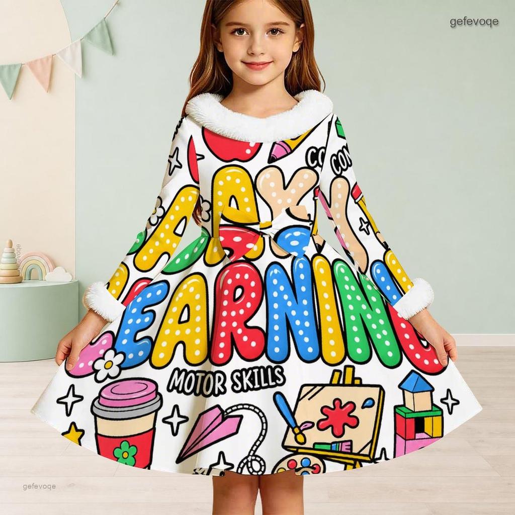 Little Girls White High Neck Fuzzy Trim Long Sleeve Tie Waist Motorcycle Printed A Line Flared Dress