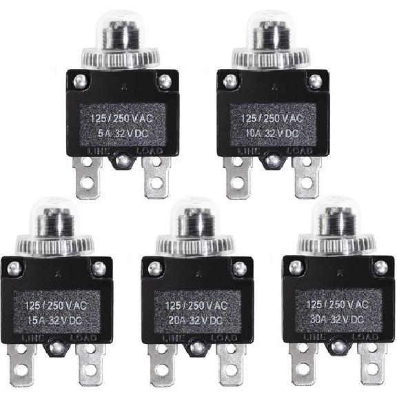 5PCS 5,10,15,20,30Amp Circuit Breakers with Manual Reset 32VDC,AC125-250V with Q
