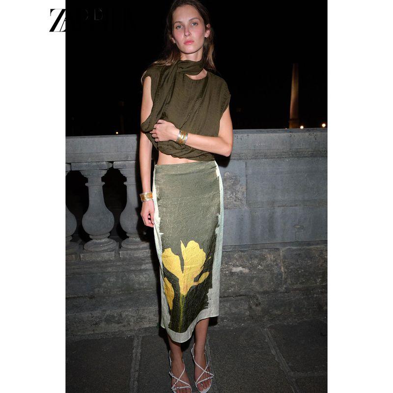 Zaprha 2025 Autumn New Versitile Fashion Print Wrinkle Effect High Waist Midi Skirt 3666165
