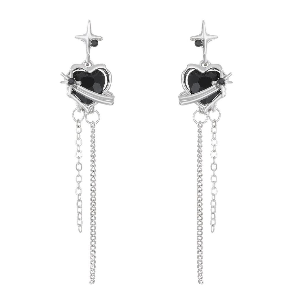 Elegant Lava Black Heart Tassel Earrings: Stylish Niche Mango Star Design for Women, Light Luxury Accessories