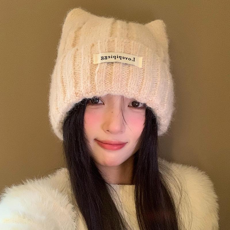 Süße Katzenohren (Gedämpftes Brot in Katzenohrform), Gestrickte Wollmütze, Damen, Winter, Koreanische Version, Kleines Gesicht, Kaltmütze, Verdickte Wärme