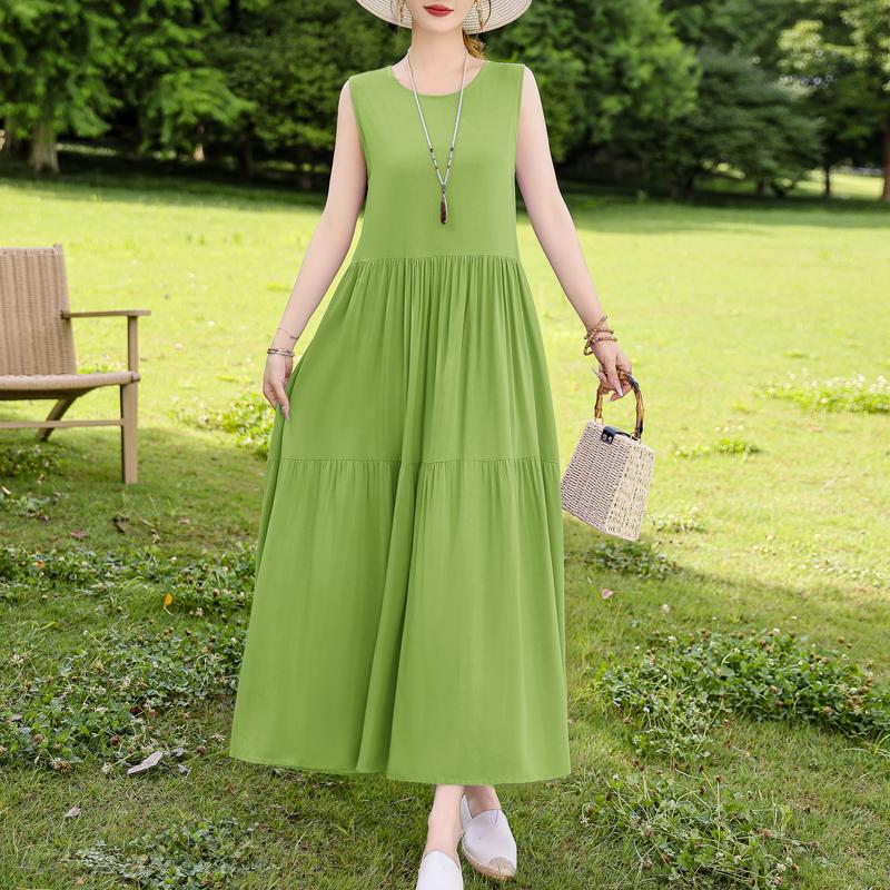 Elegant Sleeveless Dress for Women Plus Size Short Sleeve Vintage Print Long Dress Summer Casual Middle-aged Women's Clothing
