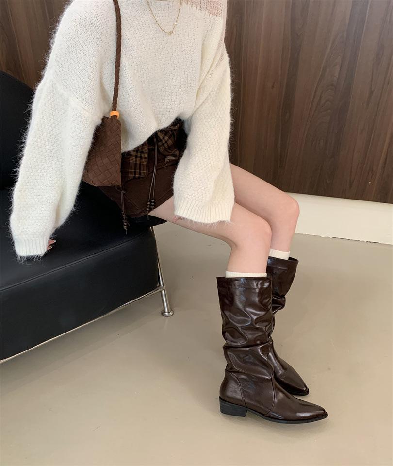 

Thick heel pointed pile boots long boots women s shoes 2025 new spring and autumn winter medium tube thin knight boots 39 темно-коричневого