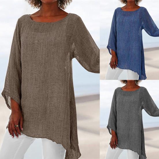 Casual Solid Color Long Sleeve Irregular T-Shirt Women Cotton Linen Tunic Top