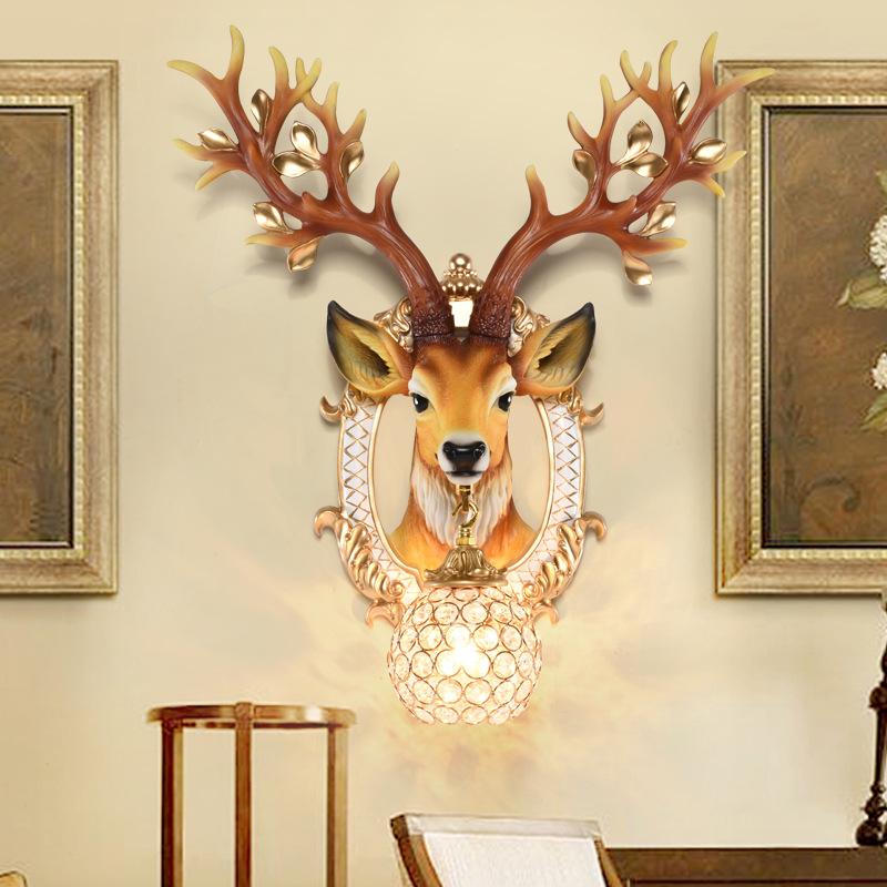 Vintage Wall Lamp Creative Deer Head Living Room Wall Hanging Lamp Bedroom Hallway Crystal Lamp