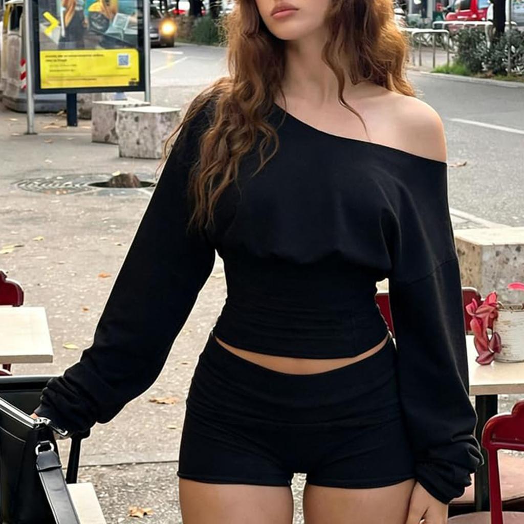 Women Fashion Solid Color One Shoulder Long Sleeve Waist Cinched Sweatshirt Top with Casual Shorts Two Piece Set
