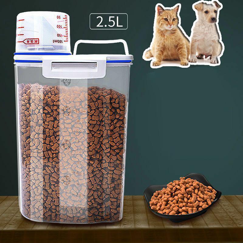 Balde de Ração para Cão Gato 1,5Kg/2Kg Tanque de Armazenamento de Plástico com Recipiente Copo Medidor Pote Selado à Prova de Umidade Acessórios Suprimentos para Animais de Estimação