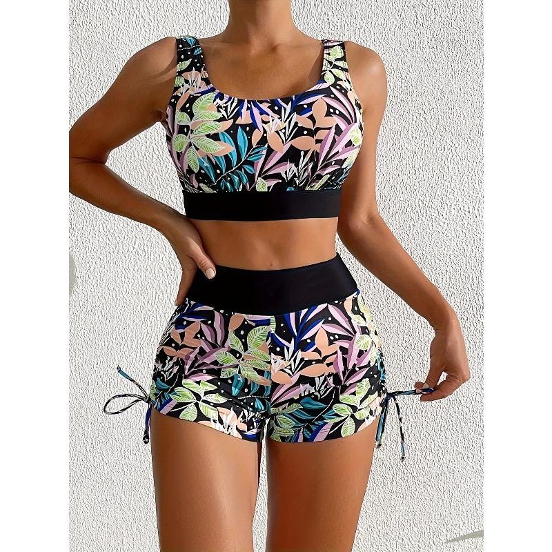 Women s two-piece leaf print high waisted bikini set S чёрный