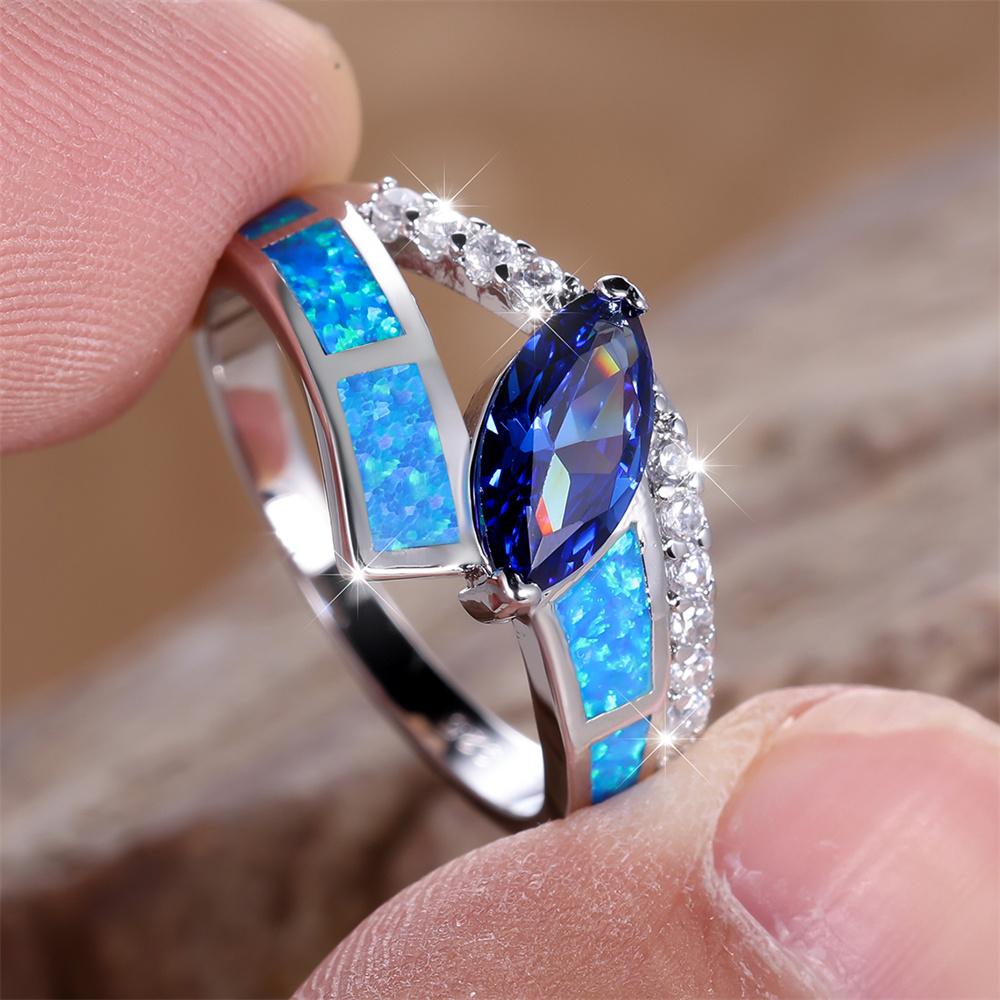 Blue Opal Geometric Crystal Marquise Stone Rings For Women Vintage CopperColor Wedding Band Engagement Jewelry Birthday Gifts