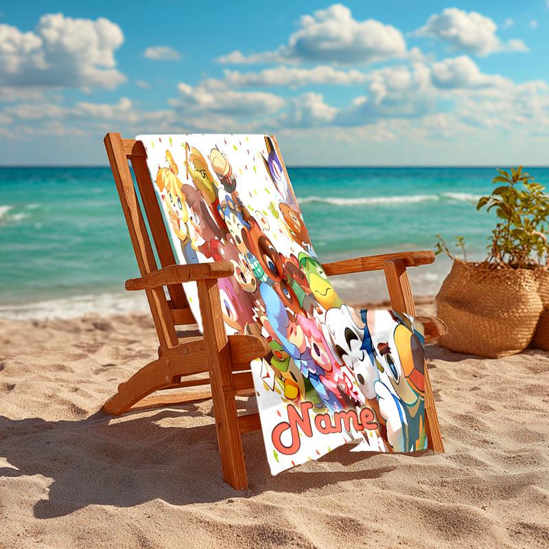 Personalized customized proof beach towel with Animal Crossing pattern - soft, absorbent, quick-drying, perfect swimming, camping&bathing
