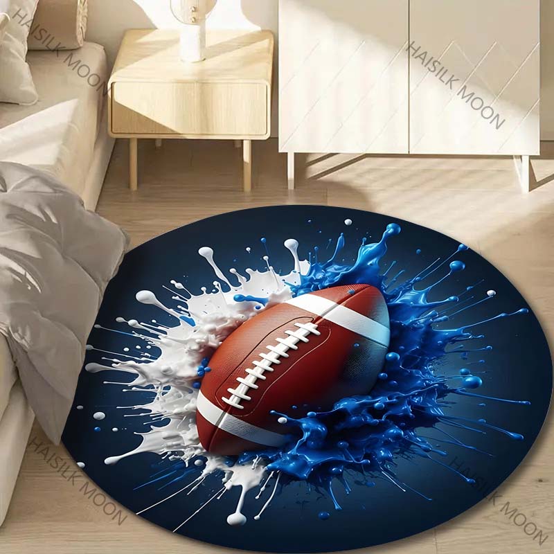 Multiple Sizes Football with Blue and White Liquid Print Round Carpet Living Room Bedroom Table Chair Sofa Decorative Carpet