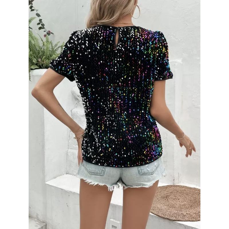 Sequined Crew Neck Summer Women Blouse Commuter Loose Short Sleeved Top Women's Casual Elegant T-shirt Fashion Simple Streetwear Sweet Simple Shirts
