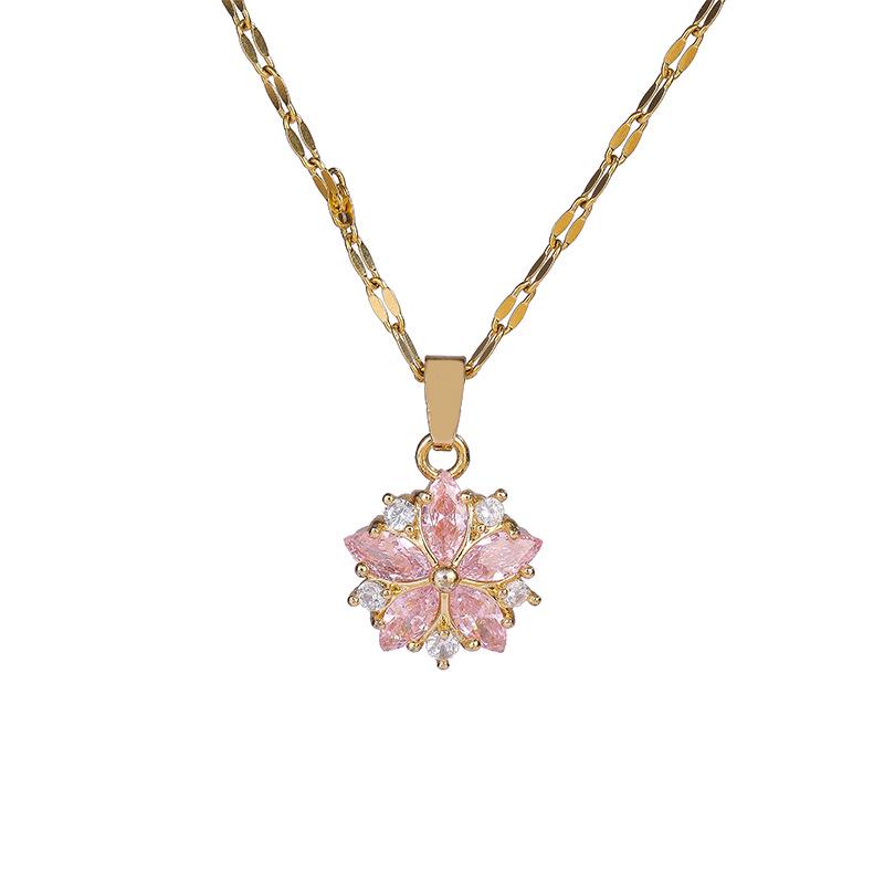 Sweet Zircon Crystal Cherry Blossom Pendant Necklace - Titanium Steel Clavicle Chain for Women