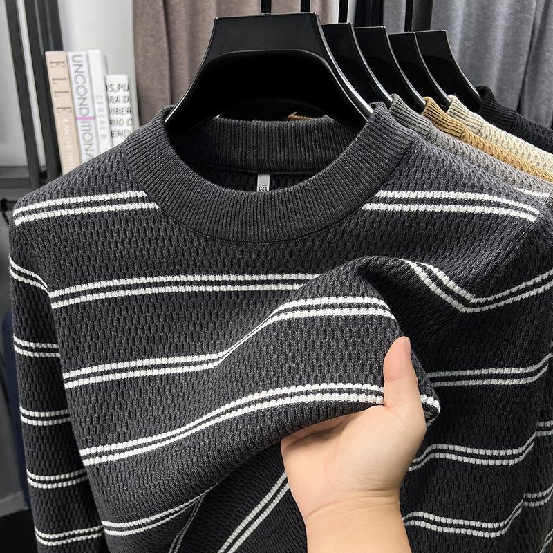 

Men s Striped Knitwear: 2025 Autumn/Winter Collection - Stretchy, Thick, Versatile, Casual Round Neck Base Layer XXL fits below 170 lbs сірий колір