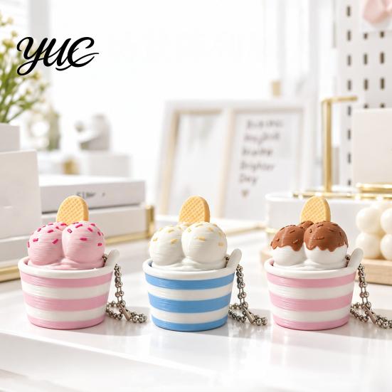 Small Gift for Party Favors 3D Printed Ice Cream Cup Fidget Clicker Keychain, Cute Dessert Stress Simulated Food Keychain Relief Click Toy, Mini Desk