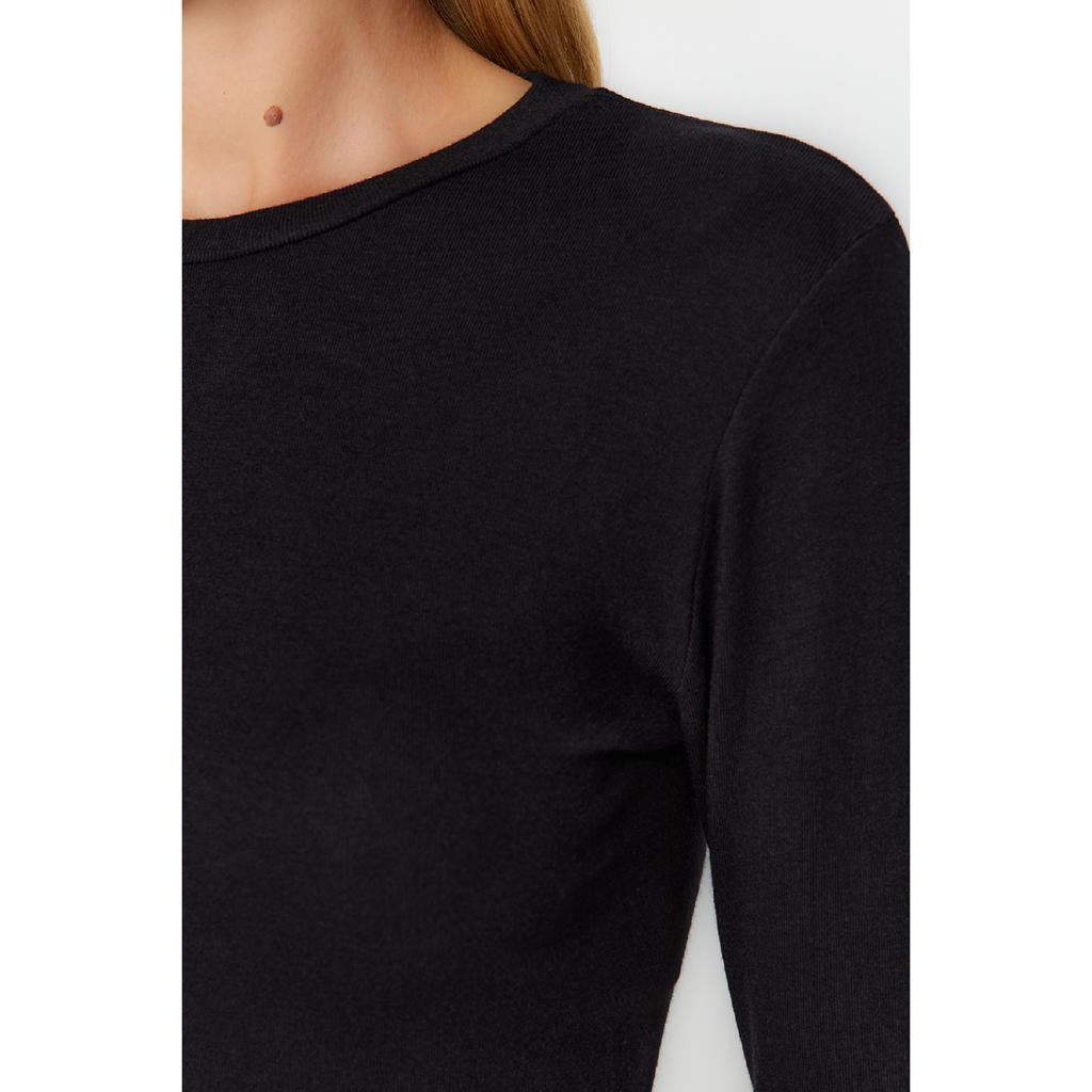 Ecru Premium Viskose Rundhals Crop Dehnbarer Strickbluse Twoaw24bz00116