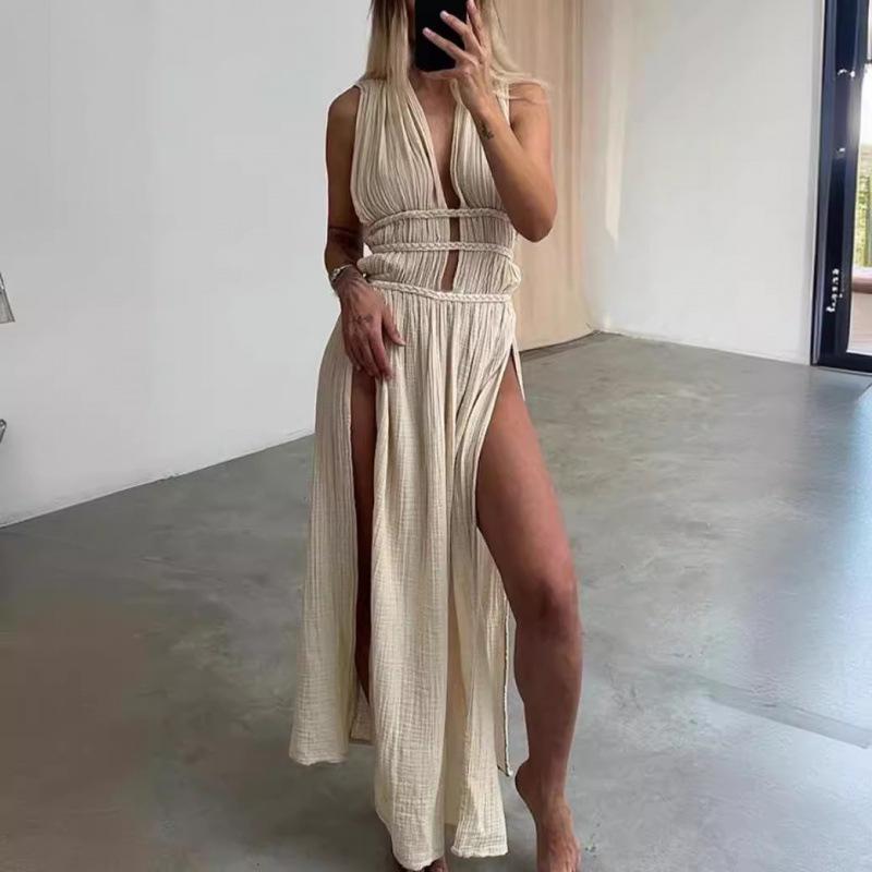 Bohemian Linen Sleeveless Braided Belt Slit Maxi Dress