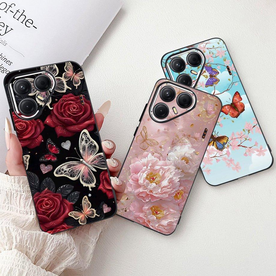 Black Silicone Cover For Tecno Pova 7 4G 5G / Pova 7 Pro Pova7 Ultra Neo Funda Cat Flower Dragon Design Bumper Soft Capa