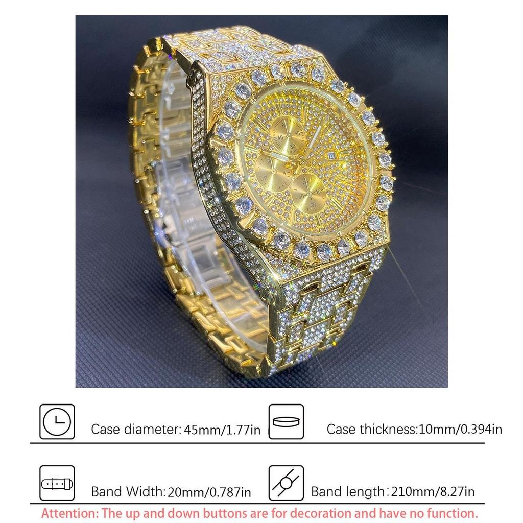 Luxus Volldiamant Goldton Chronograph Herren-Quarz-Uhr Bling Kristall Zifferblatt & Armband mit Datumsanzeige Hip Hop Streetwear Stil