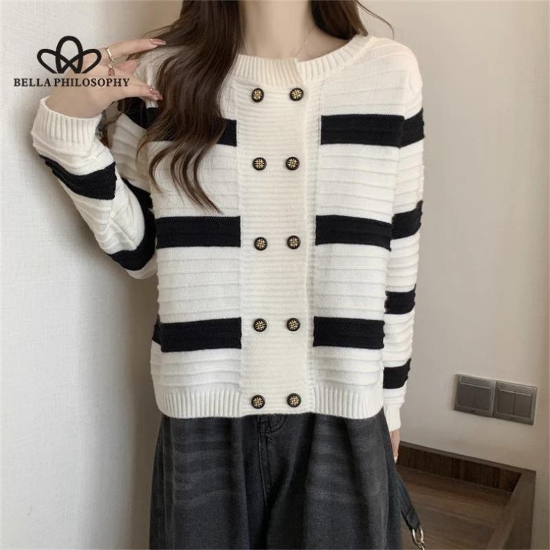New French Small Perfume Style Knitted Cardigan Sweet Black And White Stripes Long-sleeved Blouse Women Sweater