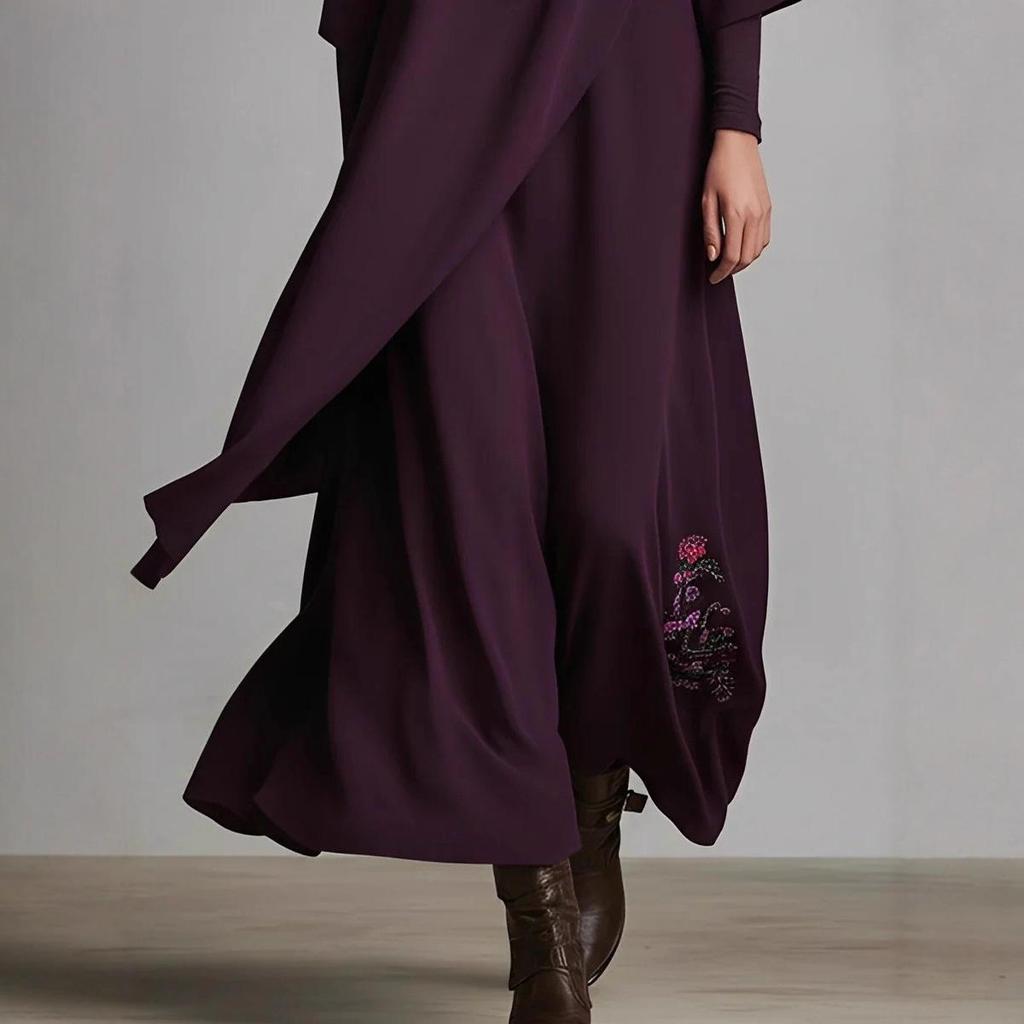 Women's European & American Embroidered Solid Color Long Sleeve Loose Autumn Dress Skirt