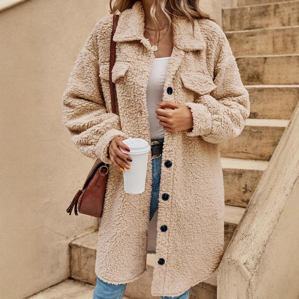 Women's Lapel Long Sleeve Teddy Coat Loose Fit Solid Color Single Button Pocket Commuter Long Fleece Jacket