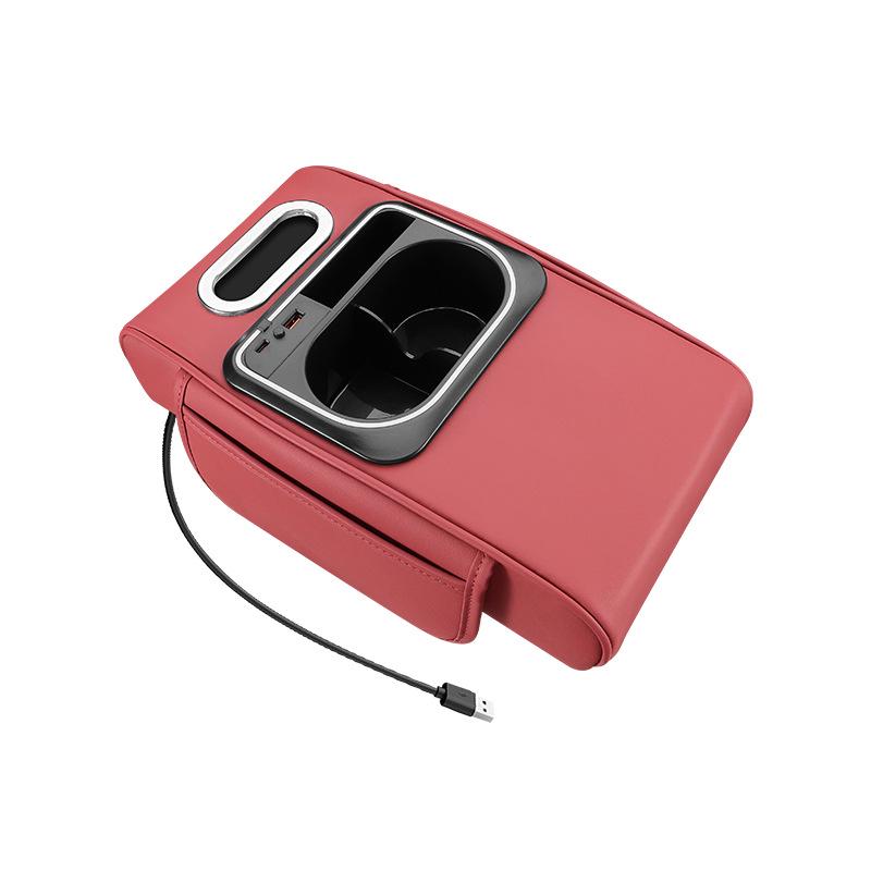 Multifunctional Car Armrest Riser with Dual Fast Charging, Rhythm Light, Cup Holder, and Tissue Box